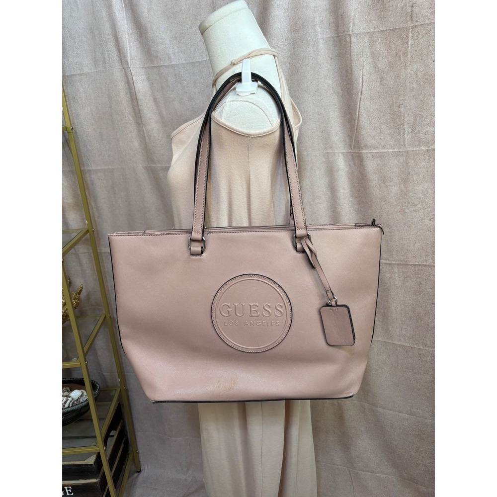 Guess Los Angeles Blush Pink Saffiano‎ Faux Leather Tote Bag Zippered Handbag